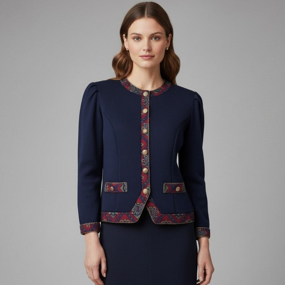 Vintage Jeffrey Dara Blazer Jacket Size 9/10 Navy and Paisley Print Gold Buttons